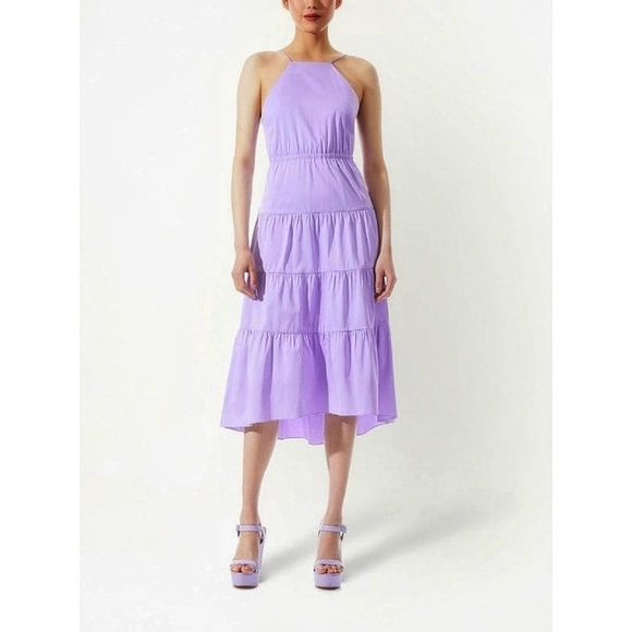 Alice & Olivia Hartley Bow Tie Open Back Tiered Lavender Halter Midi Dress - Picture 4 of 8